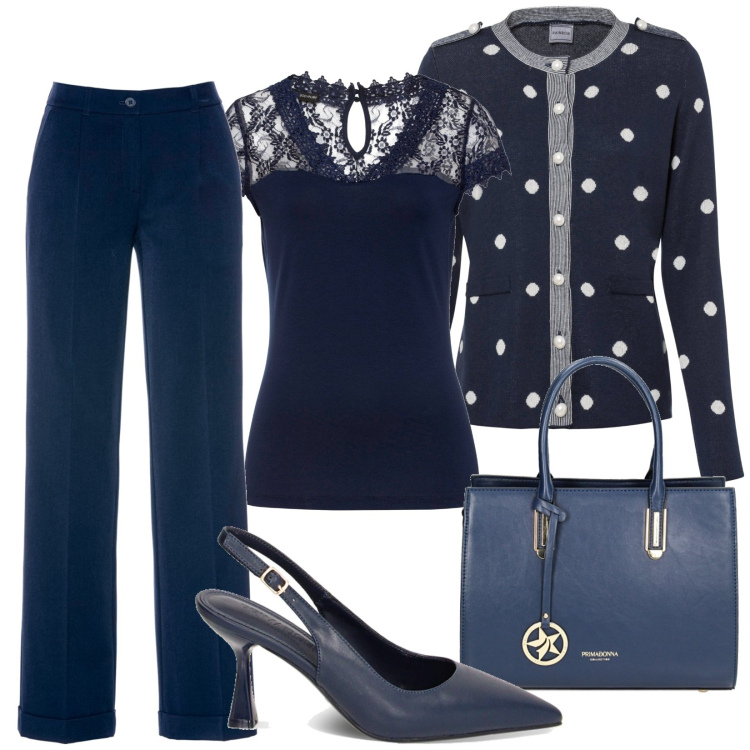 Outfit donna - Total look #1830095. Stile Casual per Ufficio. Abbinamento con pantaloni, maglieria, cardigans, décolleté, borse a mano.