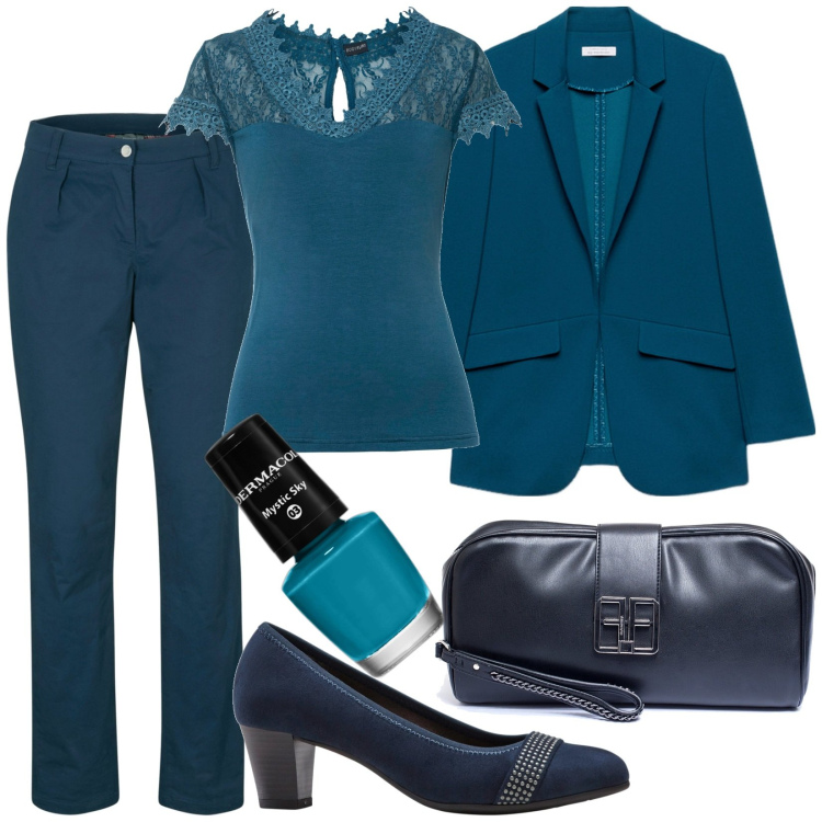 Outfit donna - Total look #1830099. Stile Casual per Ufficio. Abbinamento con pantaloni, décolleté, maglieria, smalti, pochette, blazer.