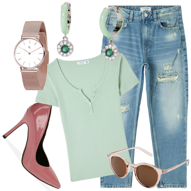 Outfit donna - Tacco a spillo, jeans e verde menta. Stile Casual chic per Tutti i giorni. Abbinamento con occhiali da sole, orologi, jeans mom, t-shirt, orecchini, décolleté.