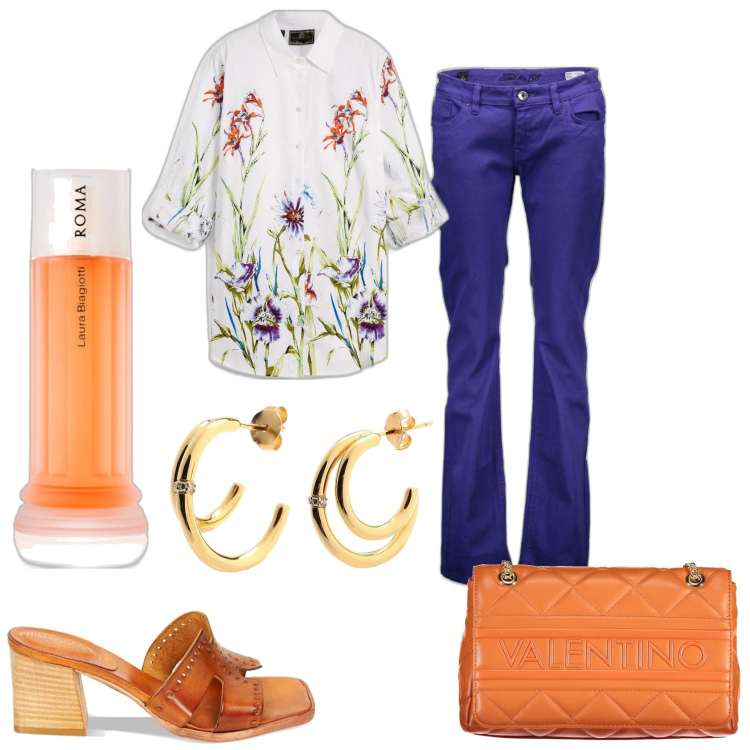 Outfit donna - Il viola e arancio stanno insieme. Stile Glamour per Tutti i giorni. Abbinamento con camicie, orecchini, profumi, sandali col tacco, pantaloni, borse a spalla.