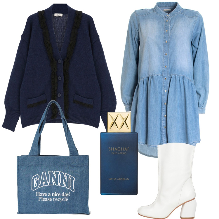 Outfit donna - Denim. Stile Trendy per Tutti i giorni. Abbinamento con stivaletti, profumi, vestiti chemisier, cardigans, shopping bag.