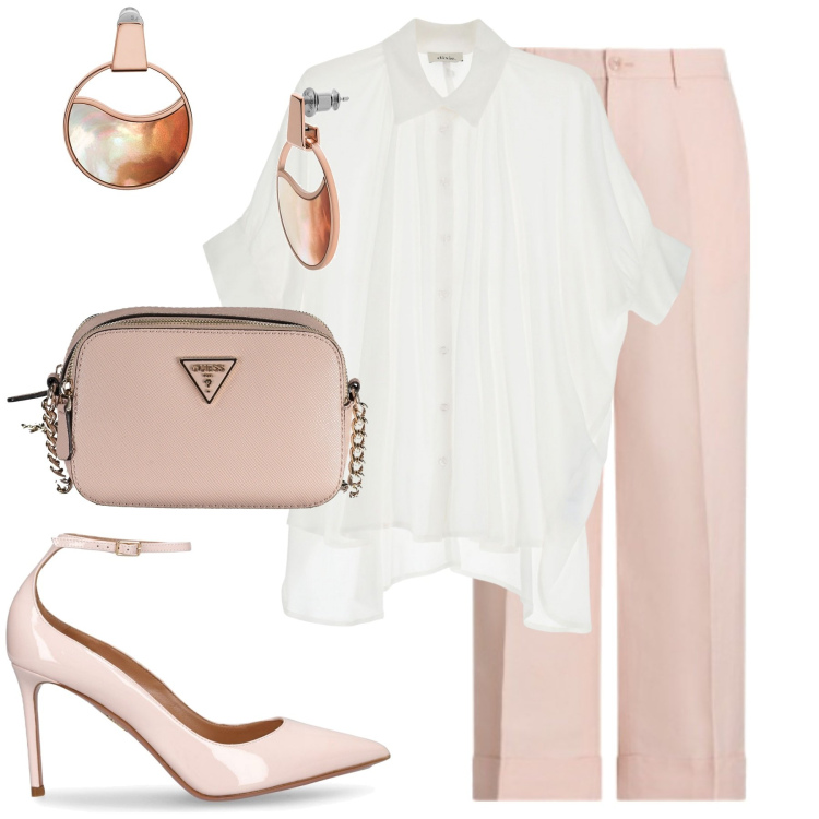 Outfit donna - Rosa pastello e bianco. Stile Minimal per Ufficio. Abbinamento con orecchini, camicie, pantaloni, collane, décolleté.