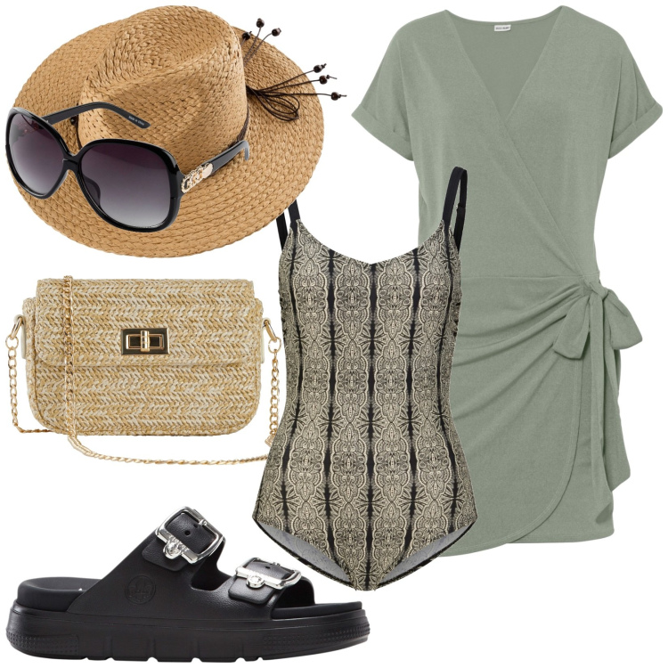 Outfit donna - Vacanza si caraibi. Stile Casual per Mare. Abbinamento con ciabatte, occhiali da sole, vestiti, costumi interi, borse a mano, cappelli.