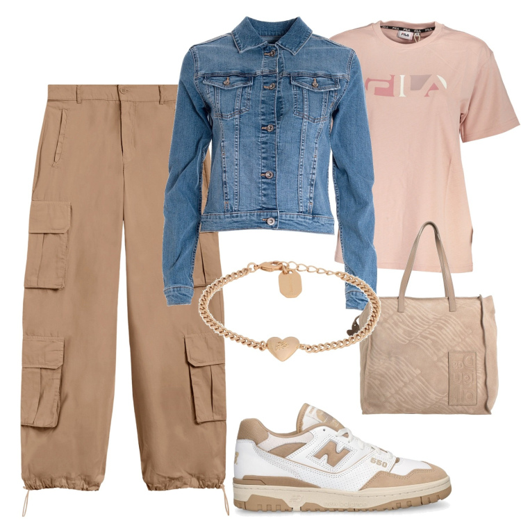 Outfit donna - Total look #1830135. Stile Casual per Tutti i giorni. Abbinamento con borse a mano, braccialetti, pantaloni cargo, giacche, sneakers, t-shirt.