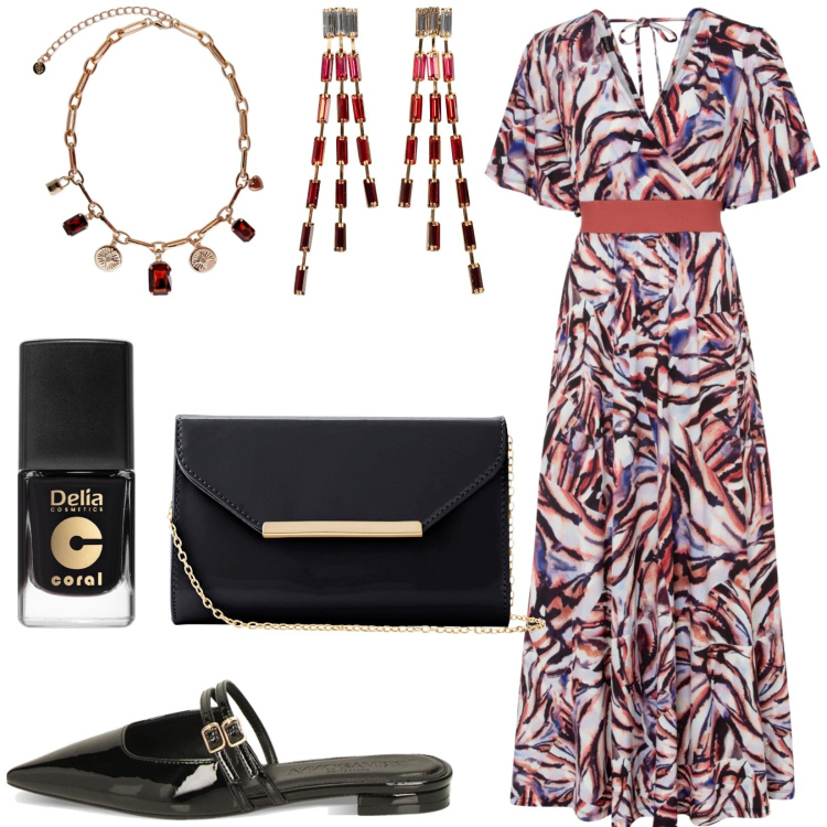 Outfit donna - Total look #1830138. Stile Chic per Tutti i giorni. Abbinamento con orecchini, vestiti lunghi, pochette, smalti, sabot, collane.