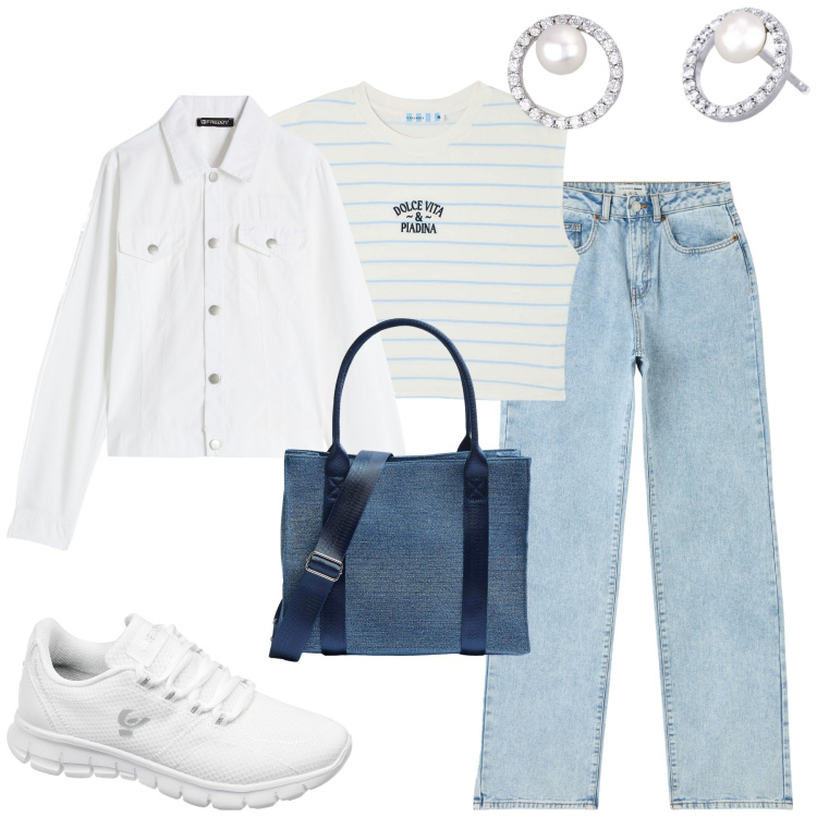 Outfit donna - City. Stile Urban per Tutti i giorni. Abbinamento con t-shirt, shopping bag, jeans dritti, orecchini, sneakers, blazer.