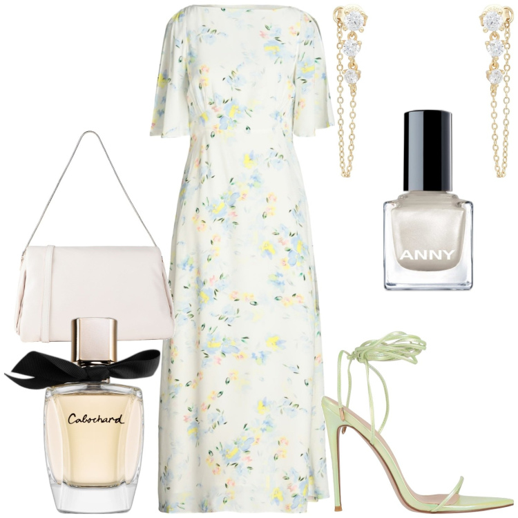 Outfit donna - Total look #1830149. Stile Chic per Tutti i giorni. Abbinamento con vestiti lunghi, orecchini, sandali col tacco, borse a spalla, profumi, smalti.