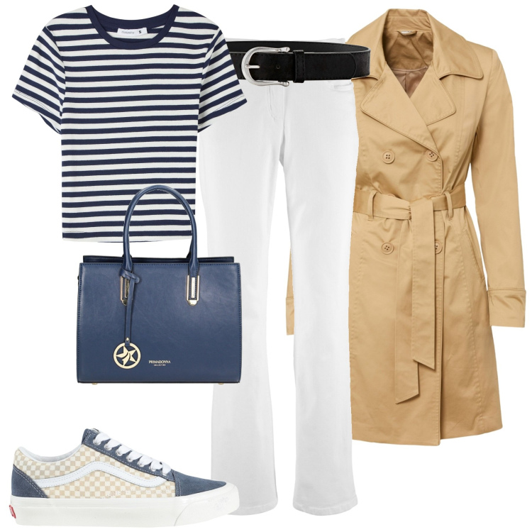Outfit donna - City. Stile Casual chic per Tutti i giorni. Abbinamento con cinture, trench, jeans bootcut, sneakers, t-shirt, borse a mano.