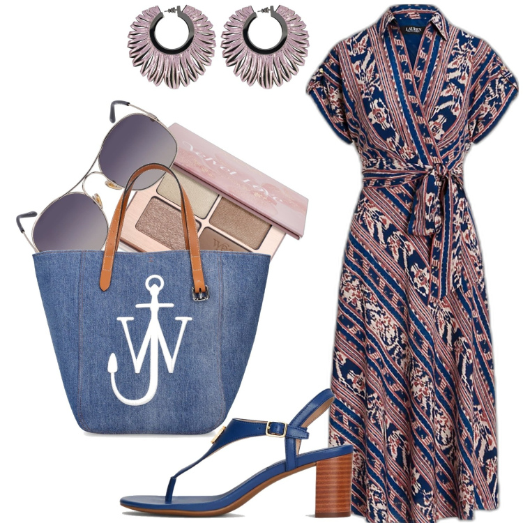 Outfit donna - Casual ma al tempo stesso raffinata. Stile Casual chic per Tutti i giorni. Abbinamento con ombretti, vestiti lunghi, sandali in pelle, orecchini, occhiali da sole, shopping bag.