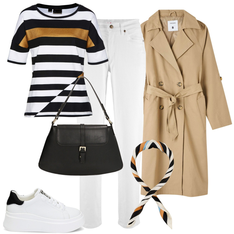 Outfit donna - City. Stile Casual chic per Tutti i giorni. Abbinamento con jeans mom, maglieria, trench, foulard, sneakers, borse a spalla.