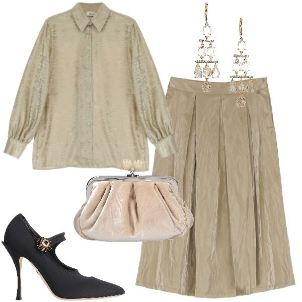 Outfit donna - Elegante in semplicità. Stile Bon Ton per Cerimonia. Abbinamento con décolleté, camicie, gonne longuette, orecchini, pochette.