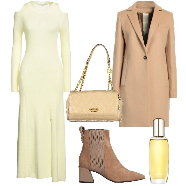 Outfit donna - Mimosa. Stile Romantica per Tutti i giorni. Abbinamento con stivaletti chelsea, cappotti, vestiti midi/longuette, profumi, borse a spalla.