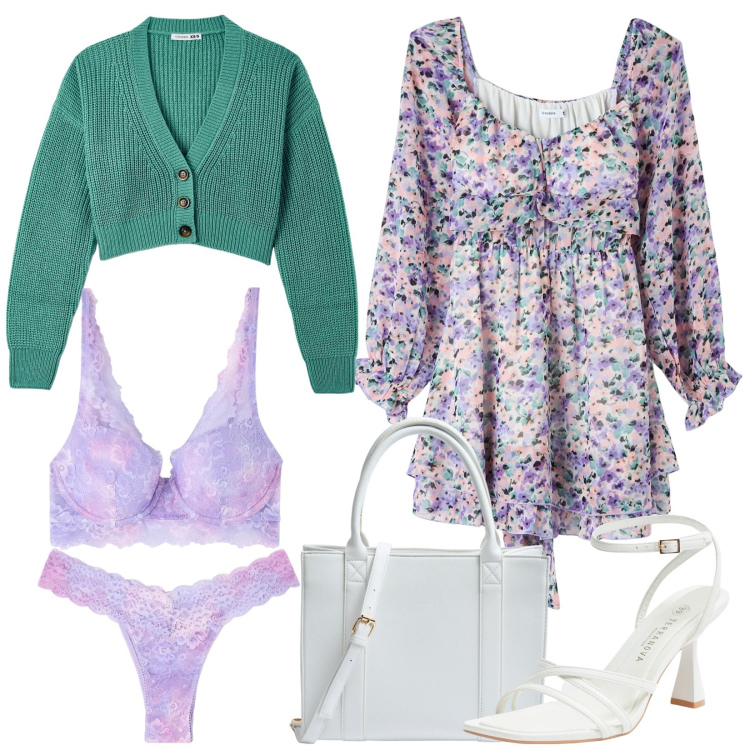 Outfit donna - Abitino terranova. Stile Romantica per Tutti i giorni. Abbinamento con vestiti corti, cardigans, shopping bag, culotte, reggiseni, sandali col tacco.