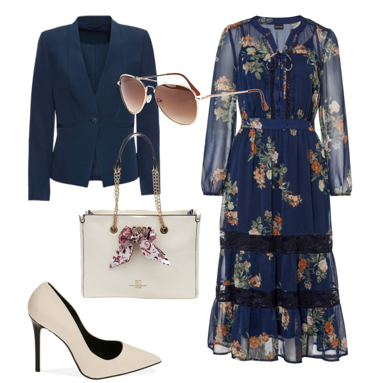 Outfit donna - Bohémien Curvy. Stile Romantica per Ufficio. Abbinamento con blazer, occhiali da sole, vestiti midi/longuette, décolleté, borse a spalla.