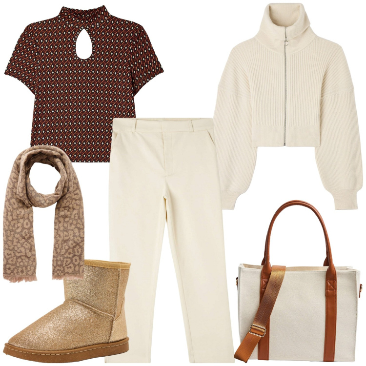 Outfit donna - Casual terranova. Stile Casual per Tutti i giorni. Abbinamento con pantaloni chino, t-shirt, stivali, shopping bag, maglieria, sciarpe.