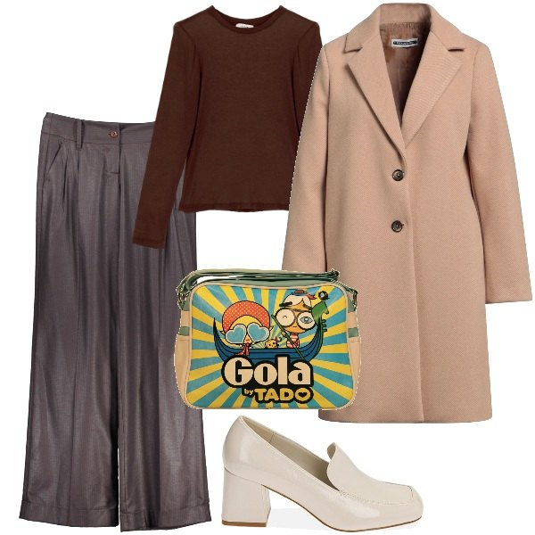 Outfit donna - La borsa simpatica. Stile Trendy per Ufficio. Abbinamento con cappotti, mocassini, maglieria, pantaloni, borse a spalla.