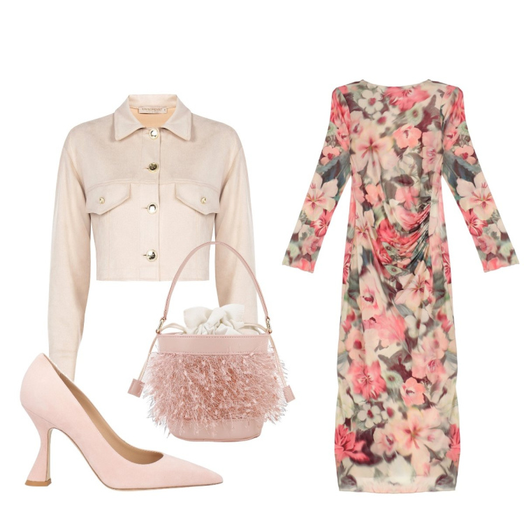 Outfit donna - Fiori pastello. Stile Bon Ton per Cerimonia. Abbinamento con décolleté, blazer, vestiti midi/longuette, borse a secchiello.