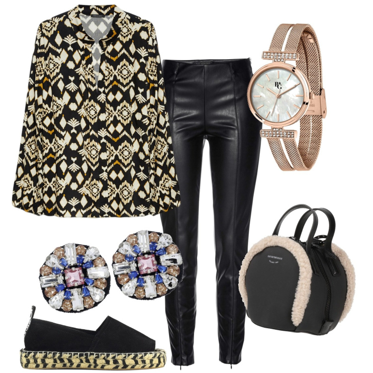 Outfit donna - Ecopelle. Stile Casual per Tutti i giorni. Abbinamento con treggings, zaini, orologi, bluse, espadrillas, orecchini.