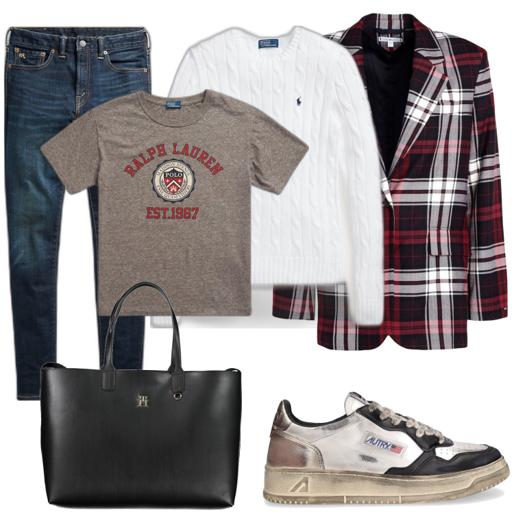 Outfit donna - Casual Chic Lover. Stile Casual chic per Tutti i giorni. Abbinamento con blazer, jeans skinny, maglieria, t-shirt, sneakers, borse a spalla.