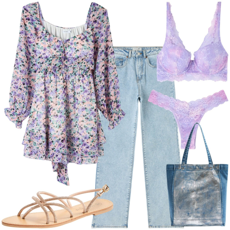 Outfit donna - Primaverile. Stile Casual per Tutti i giorni. Abbinamento con vestiti corti, reggiseni, jeans dritti, culotte, shopping bag, sandali.