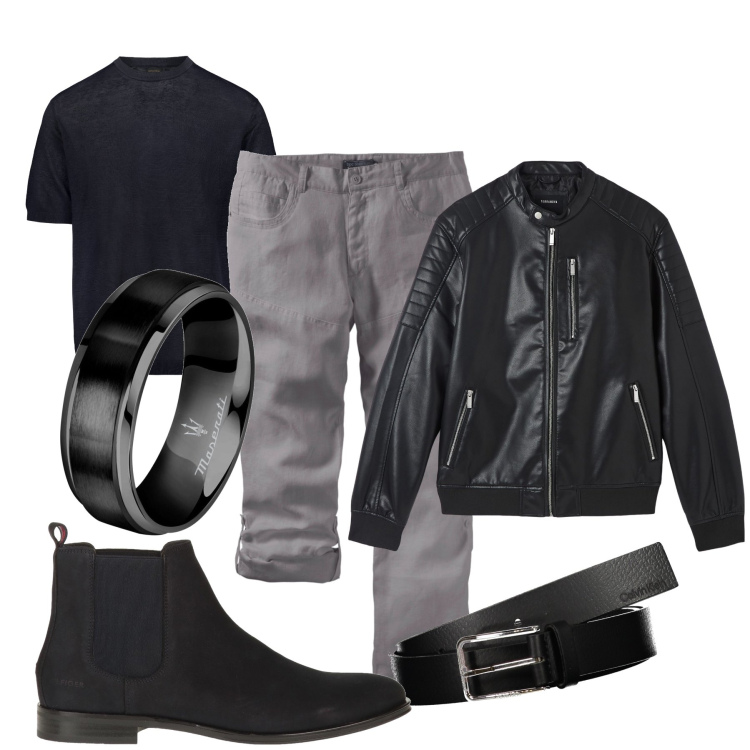 Outfit uomo - Total look #1830270. Stile Biker Rock per Serata speciale. Abbinamento con pantaloni, stivali e stivaletti, anelli, giacche, t-shirt, cinture.