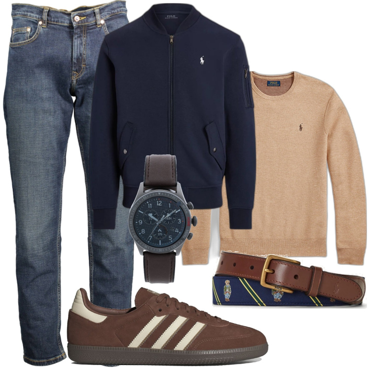 Outfit uomo - Uscita. Stile Urban per Tutti i giorni. Abbinamento con orologi digitali, maglieria, bomber, cinture, jeans, sneakers.