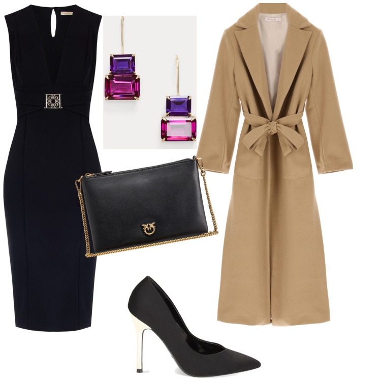 Outfit donna - Festa della Donna. Stile Chic per Serata fuori. Abbinamento con borse a tracolla, vestiti a tubino, cappotti, décolleté, orecchini.
