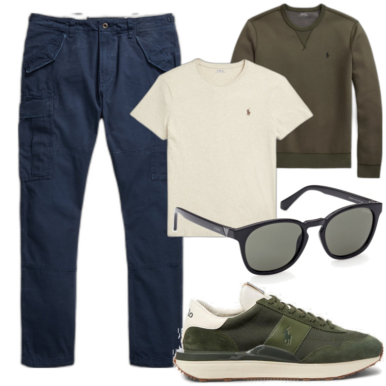 Outfit uomo - Tempo libero. Stile Urban per Tutti i giorni. Abbinamento con t-shirt, felpe, sneakers, pantaloni cargo, occhiali da sole.