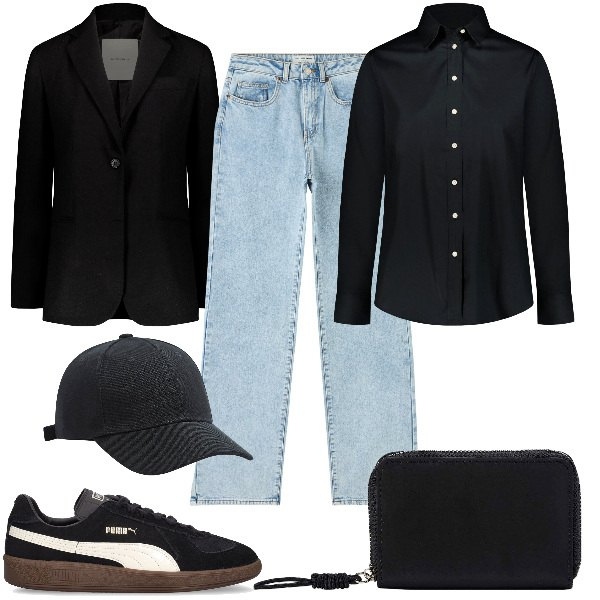 Outfit donna - Total look #1830301. Stile Mannish per Tutti i giorni. Abbinamento con cappelli, jeans dritti, portafogli, sneakers, blazer, camicie.