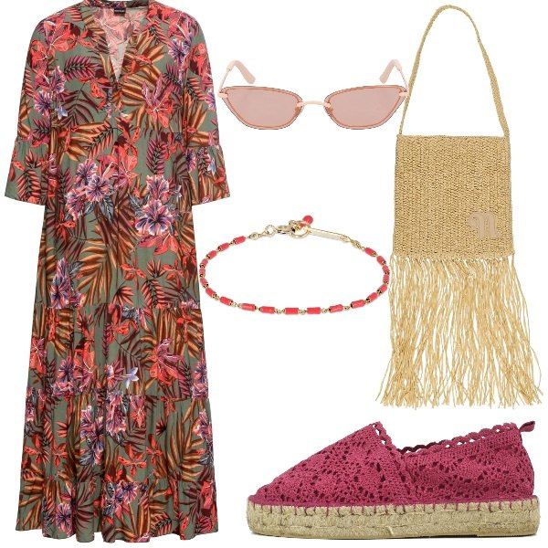 Outfit donna - Bohémien. Stile Boho per Tutti i giorni. Abbinamento con vestiti lunghi, espadrillas, braccialetti, occhiali da sole, borse a spalla.