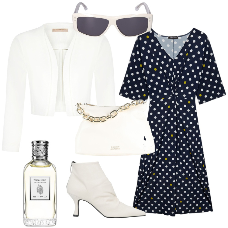 Outfit donna - Bianco blu per ufficio o evento. Stile Bon Ton per Ufficio. Abbinamento con stivaletti, borse a mano, profumi, blazer, vestiti, occhiali da sole.