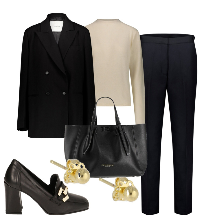Outfit donna - In ufficio. Stile Minimal per Ufficio. Abbinamento con borse a mano, mocassini, pantaloni, pullovers, blazer, orecchini.