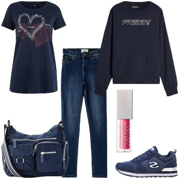 Outfit donna - Basic. Stile Basic per Tutti i giorni. Abbinamento con borse a tracolla, t-shirt, sneakers, gloss, jeans skinny, felpe.