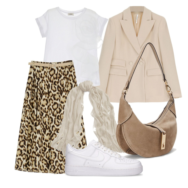 Outfit donna - Ghost outfitter - marzo. Stile Trendy per Ufficio. Abbinamento con gonne longuette, blazer, borse a spalla, sciarpe, t-shirt, sneakers.