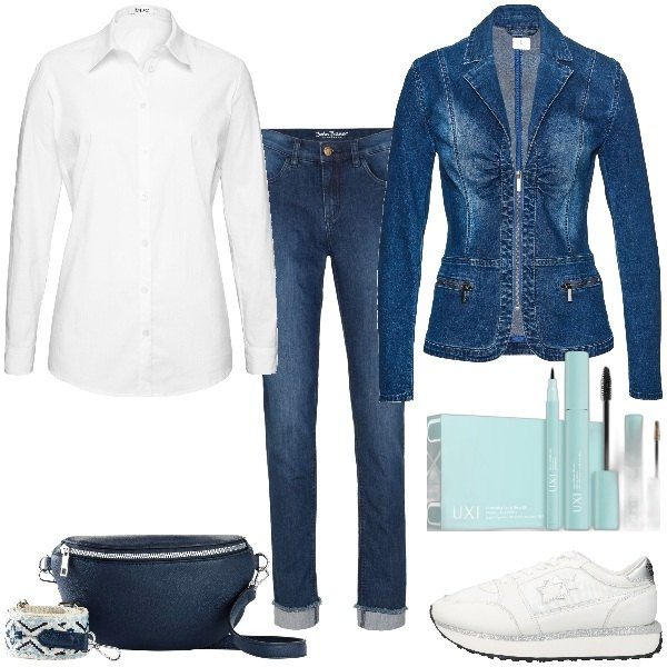 Outfit donna - Occhi perfetti. Stile Basic per Tutti i giorni. Abbinamento con camicie, jeans slim fit, blazer, borse a spalla, sneakers, mascara.