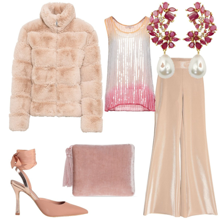 Outfit donna - Cerimonia. Stile Glamour per Cerimonia. Abbinamento con ecopellicce, pantaloni, top, orecchini, décolleté, pochette.