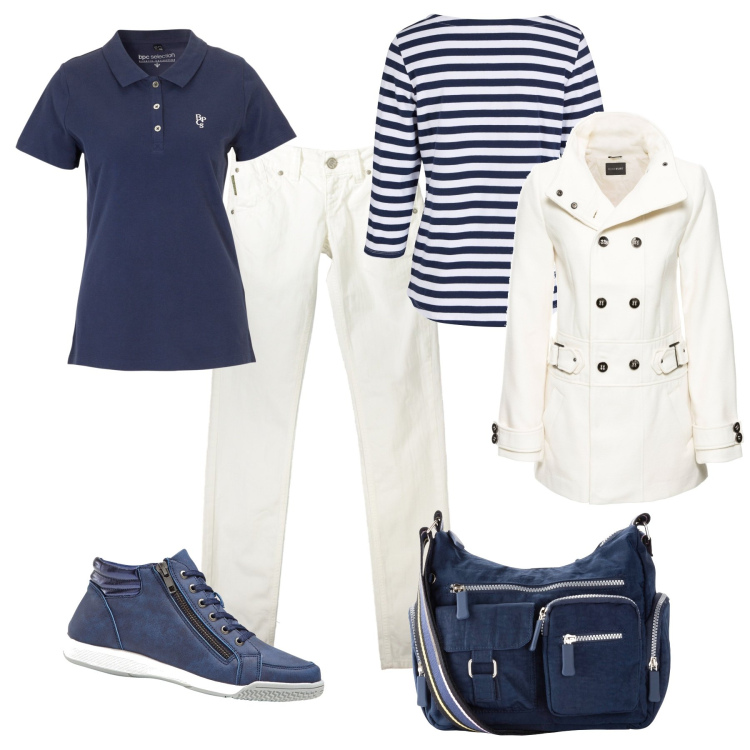 Outfit donna - Weekend al mare. Stile Casual per Tutti i giorni. Abbinamento con maglieria, sneakers alte, borse a tracolla, blazer, polo, pantaloni.