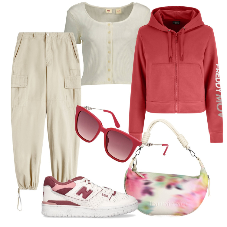 Outfit donna - Pantaloni cargo in città. Stile Casual per Tutti i giorni. Abbinamento con pantaloni cargo, felpe con cappuccio, sneakers, borse a spalla, occhiali da sole, t-shirt.