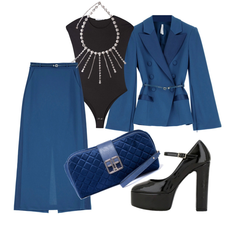 Outfit donna - Ghost outfitter - marzo. Stile Glamour per Cerimonia. Abbinamento con body, pochette, blazer, gonne lunghe, décolleté, collane.