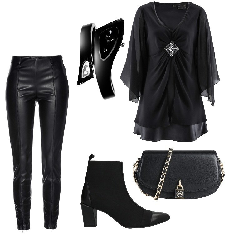 Outfit donna - Total black - Marzo. Stile Rock per Serata fuori. Abbinamento con tuniche, treggings, orologi, borse a tracolla, stivaletti.