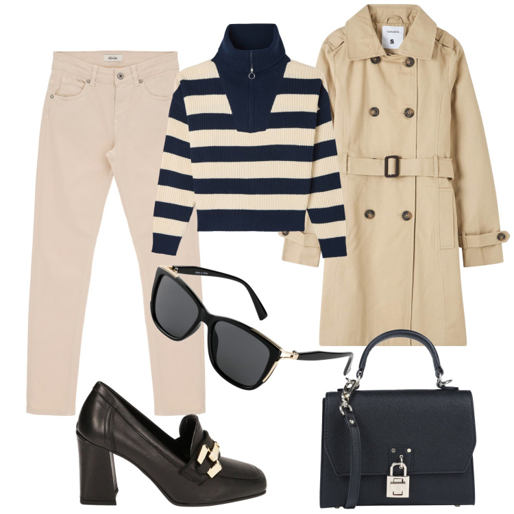 Outfit donna - Ufficio basic. Stile Minimal per Ufficio. Abbinamento con occhiali da sole, borse a mano, trench, maglieria, mocassini, pantaloni.
