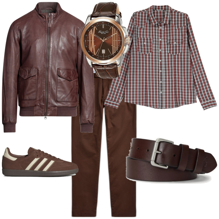 Outfit uomo - Trendy per l ufficio toni marrone. Stile Trendy per Ufficio. Abbinamento con giacche, orologi, camicie, pantaloni chino, cinture, sneakers.