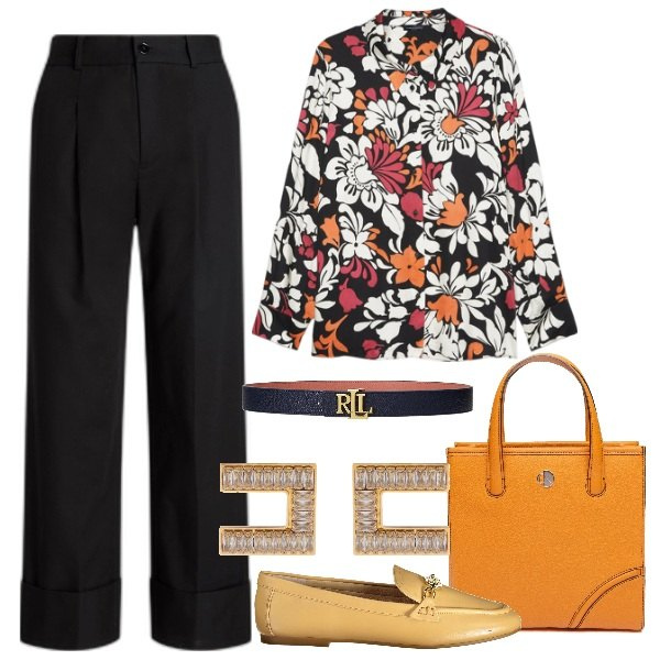 Outfit donna - mannish. Stile Mannish per Ufficio. Abbinamento con orecchini, cinture, pantaloni, camicie, mocassini, shopping bag.