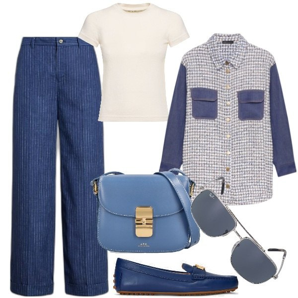 Outfit donna - Chic curvy. Stile Chic per Ufficio. Abbinamento con camicie, mocassini, pantaloni, borse a spalla, occhiali da sole, t-shirt.