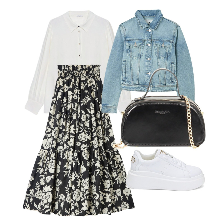 Outfit donna - Ghost outfitter - marzo. Stile Casual per Tutti i giorni. Abbinamento con gonne lunghe, blazer, sneakers, borse a mano, camicie.
