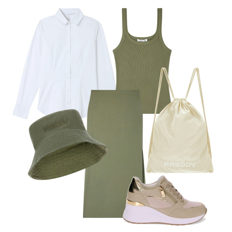 Outfit donna - Ghost outfitter - marzo. Stile Sporty chic per Tutti i giorni. Abbinamento con gonne lunghe, camicie, canottiere, zaini, cappelli, sneakers.