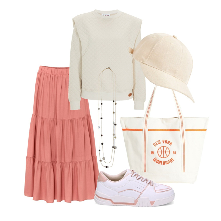 Outfit donna - Ghost outfitter - marzo. Stile Sporty chic per Tutti i giorni. Abbinamento con gonne longuette, felpe, borse a spalla, cappelli, sneakers, collane.