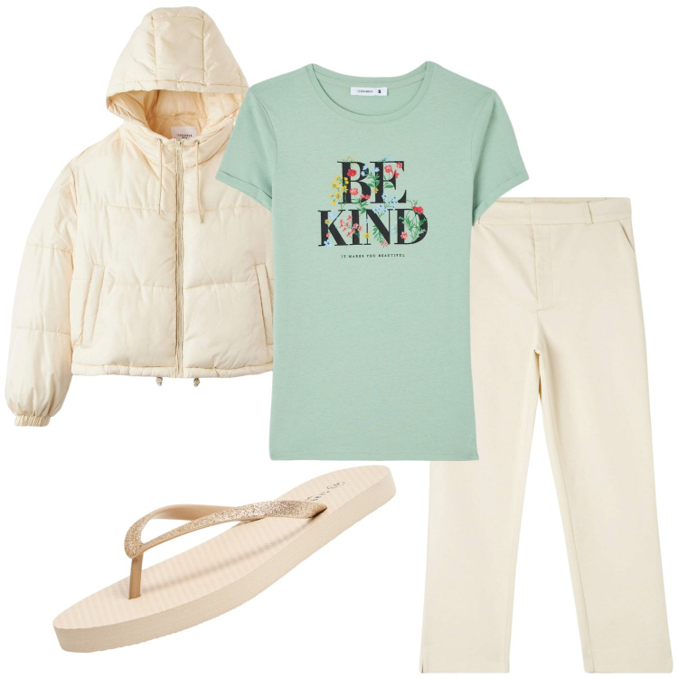 Outfit donna - Be kind. Stile Casual per Tutti i giorni. Abbinamento con pantaloni chino, piumini, infradito, t-shirt.