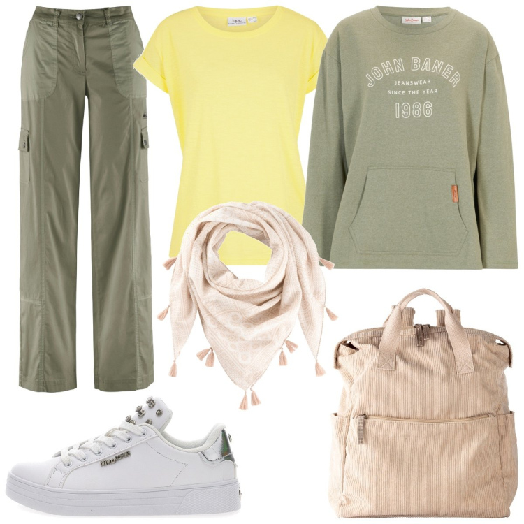 Outfit donna - Al parco con il cane. Stile Casual per Tutti i giorni. Abbinamento con pantaloni cargo, zaini, t-shirt, felpe, foulard, sneakers.