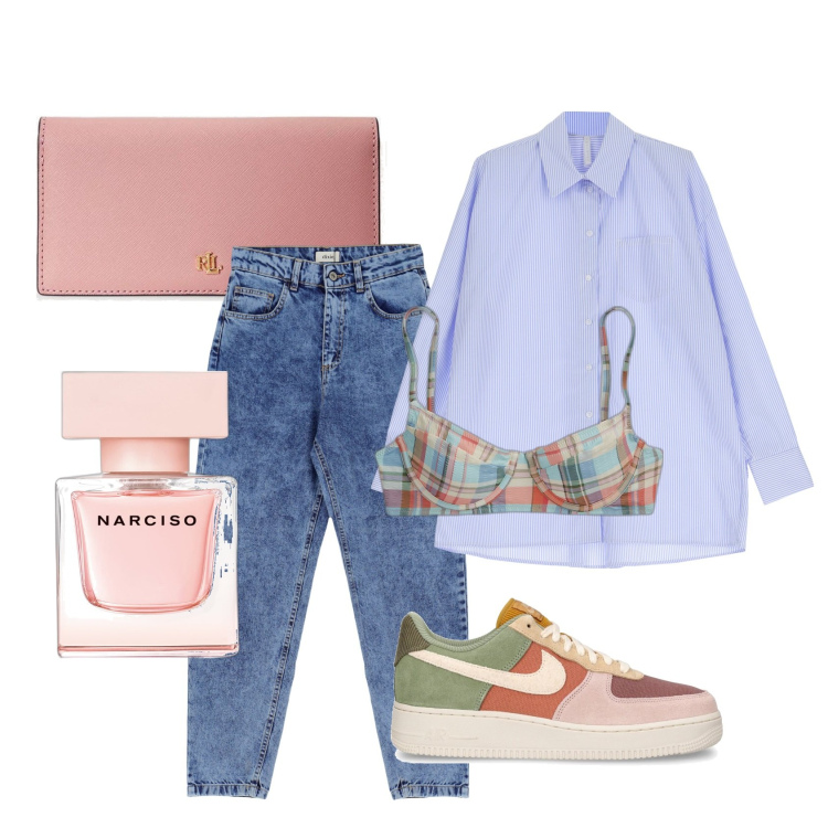 Outfit donna - Outfit casual chic giorno. Stile Casual chic per Tutti i giorni. look ideale per Petite. Abbinamento con profumi, camicie, jeans slim fit, portafogli, top, sneakers.